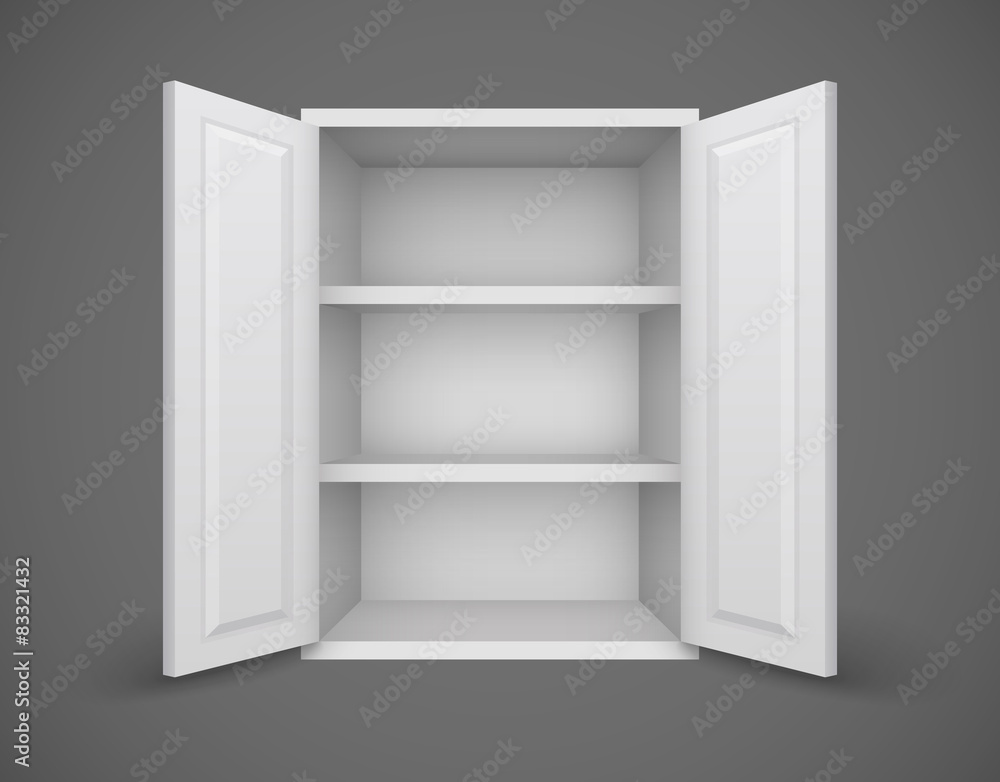 Empty box with open doors and bookshelves nothing inside. Empty box with open doors and bookshelves nothing inside.