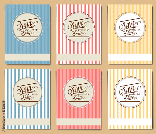 Fliers set on blue, red and orange backgrounds.