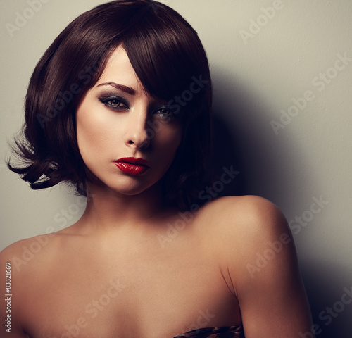Beautiful short hair woman looking sexy with red lips