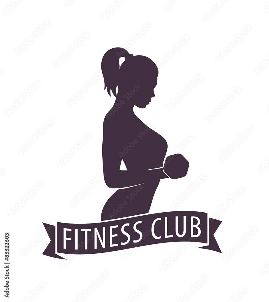 Fitness Club Logo with posing athletic girl and ribbon
