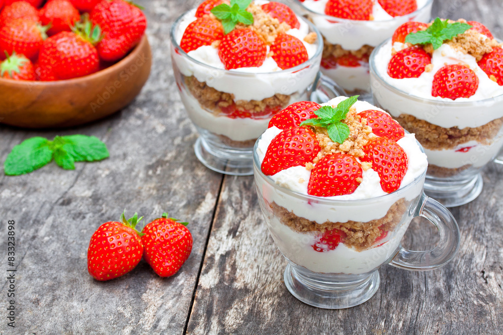 homemade desert with cream chopped cookies and fresh strawberry homemade desert with cream chopped cookies and fresh strawberry