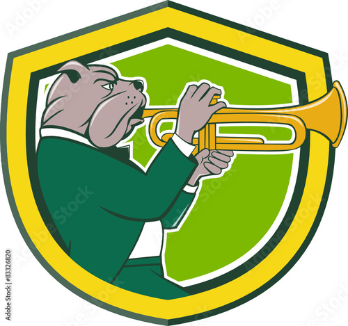Bulldog Blowing Trumpet Side Shield Cartoon