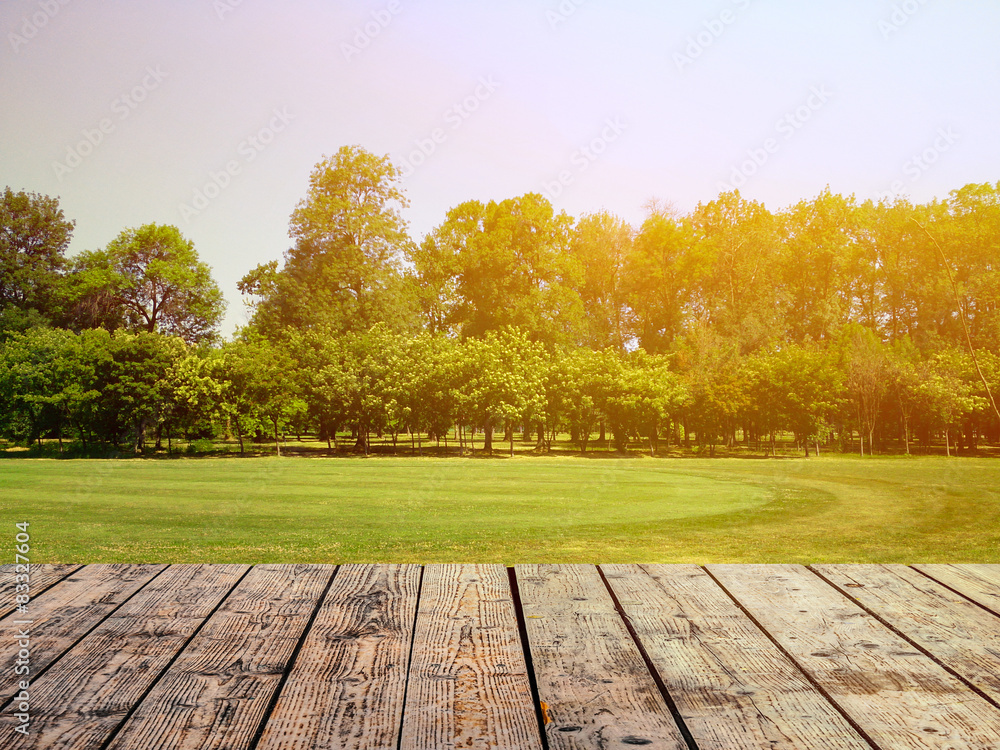 Empty wooden floor against green forest with meadow