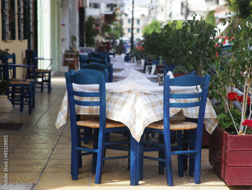 Blue chairs on a greek cafe on Zakinthos 