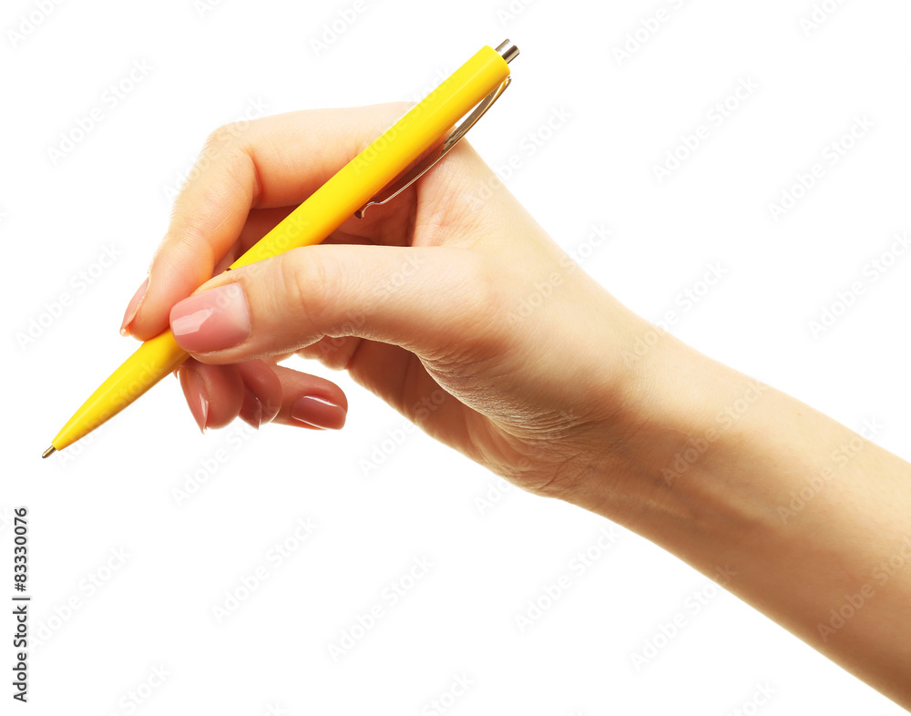 Female hand with pen isolated on white Female hand with pen isolated on white