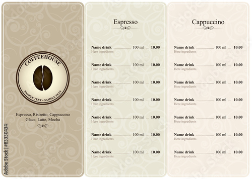 Menu for restaurant, cafe, bar, coffee house