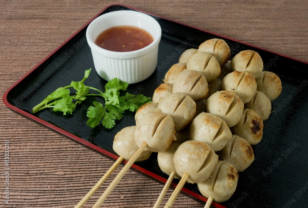 Fototapeta premium Delicious Grilled Meat Ball on Bamboo Skewer