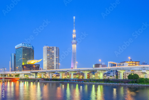 View of Tokyo Skytree landmark and Sumida river at night.