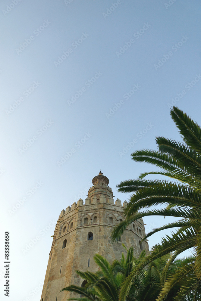 Torre del Oro, Sevilla, im Abendlicht mit Palmen