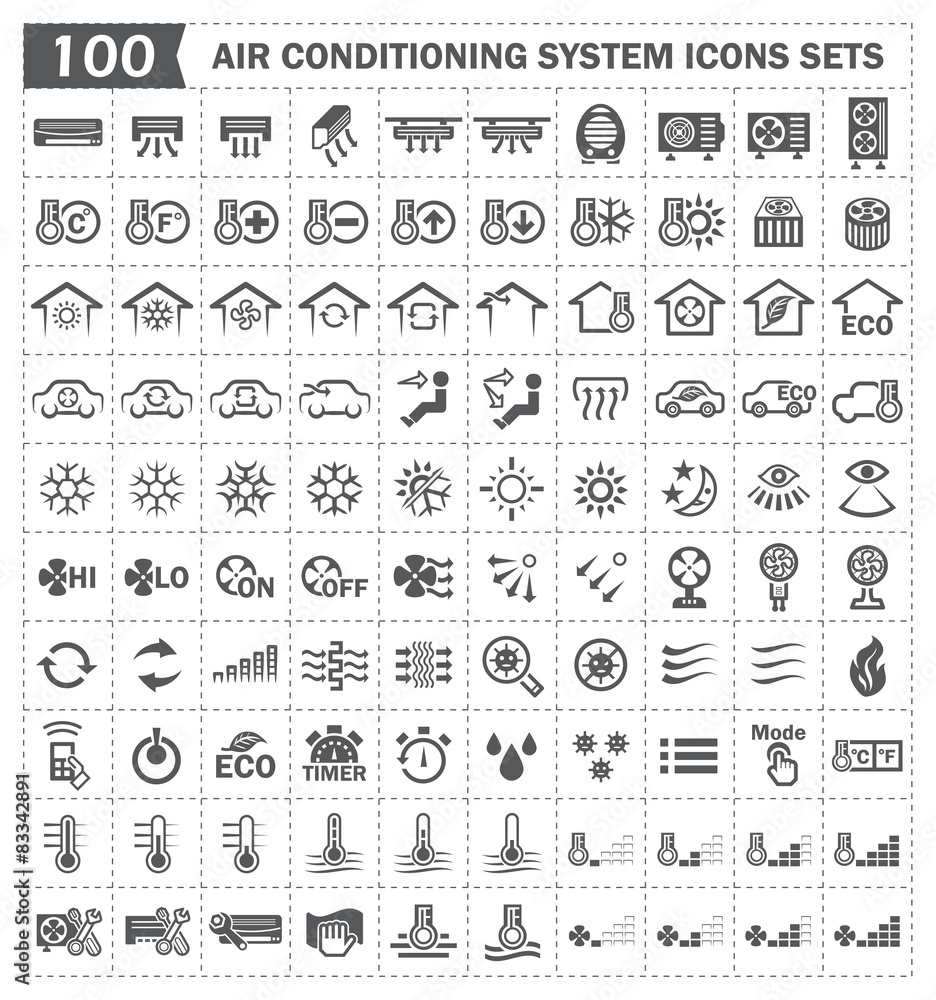 Air conditioner system icon. Including with air compressor unit with many function control of HVAC systems to removing heat and moisture from interior both home and car. Vector icon set design.