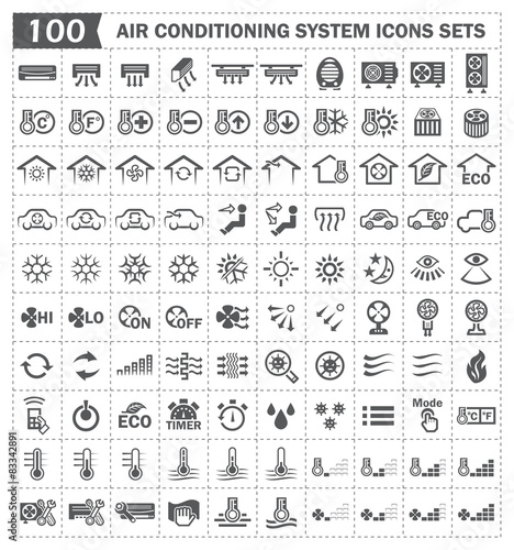 Air conditioner system icon. Including with air compressor unit with many function control of HVAC systems to removing heat and moisture from interior both home and car. Vector icon set design.