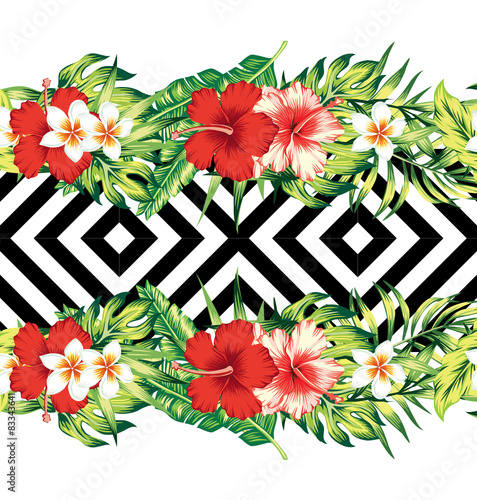 hibiscus and leaves tropical border, geometric background 