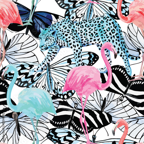 akwarela wzór flamingo, lamparta i motyle