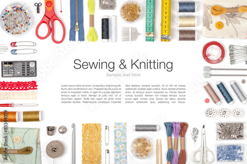 sewing and knitting on white background