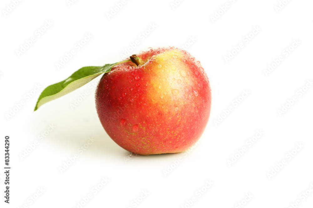 Red apple with leaf isolated on white