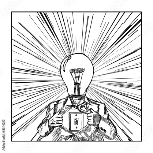hand drawn businessman with lamp-head acting like a super hero 