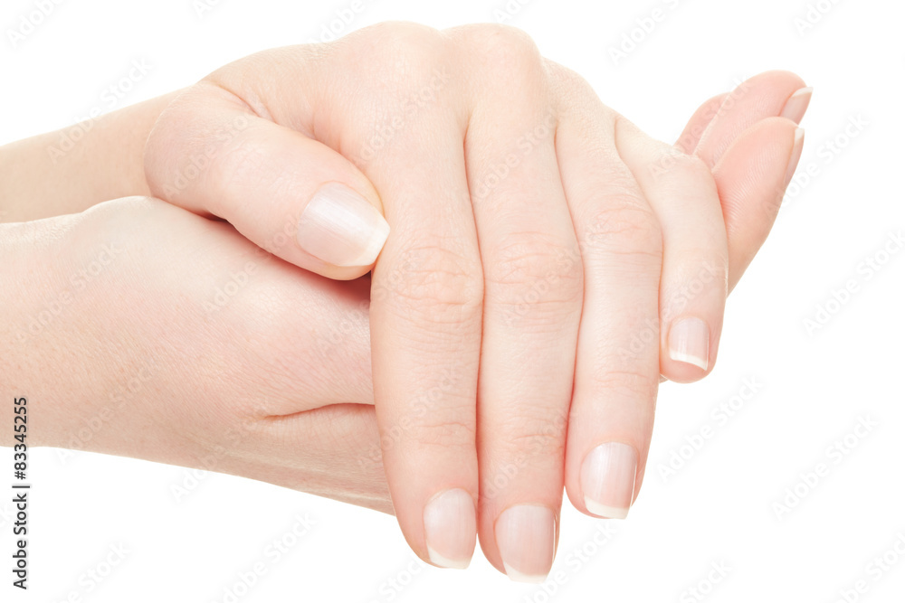 Woman hands manicure on white, clipping path included