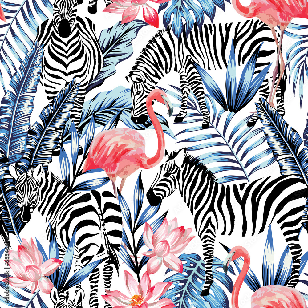 watercolor flamingo, zebra and palm leaves tropical pattern  - obrazy, fototapety, plakaty 