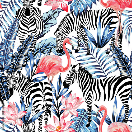watercolor flamingo, zebra and palm leaves tropical pattern 