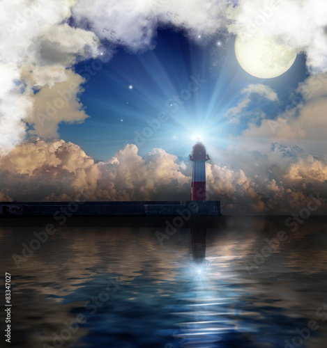bright lighthouse under full moon