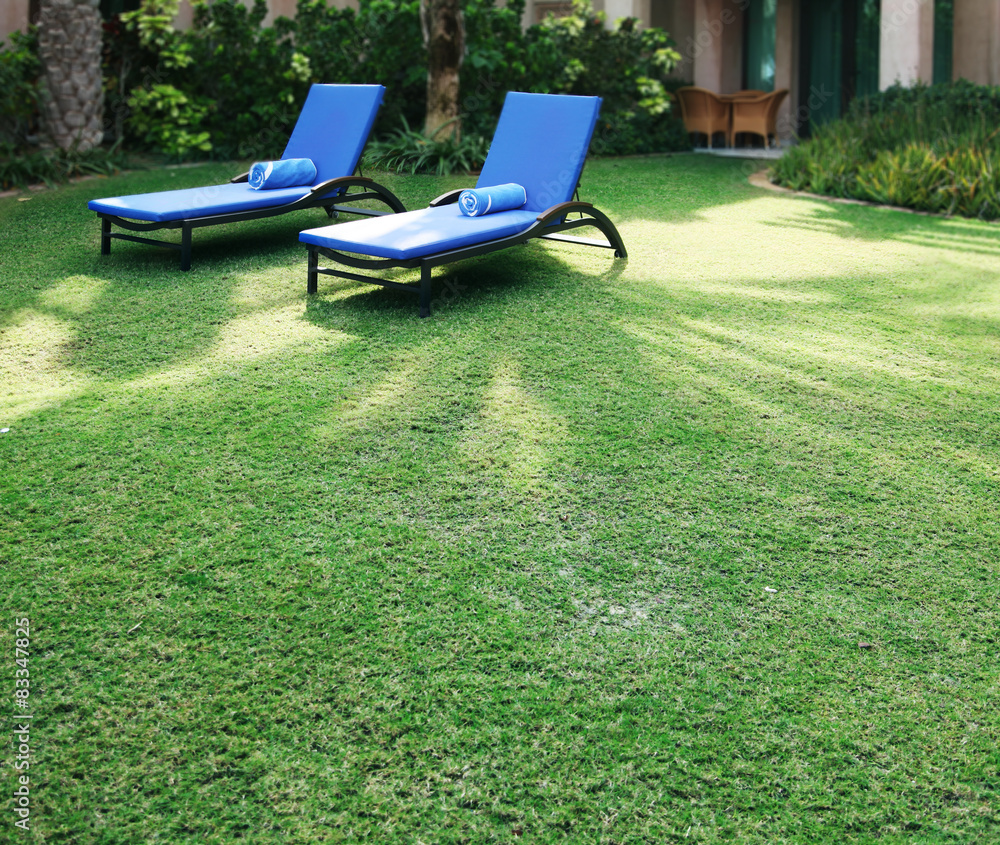Sun loungers on the green lawn.