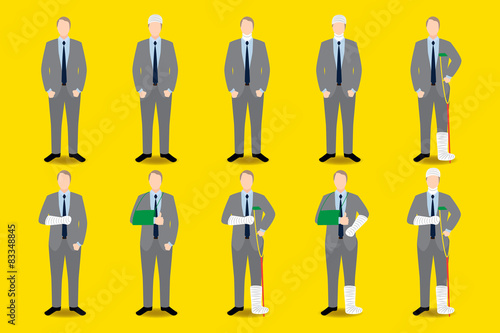 Set of injuries businessman icon. Broken arm, leg, head,