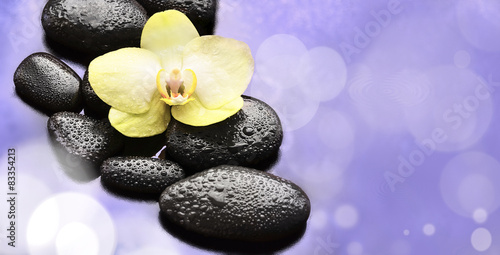 Spa concept. Flower yellow orchid and  black stones.