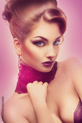 Lovely portrait of sexual adult woman with make up and hairstyl