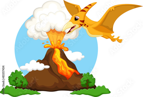 Funny pterodactyl flying with background volcanoes