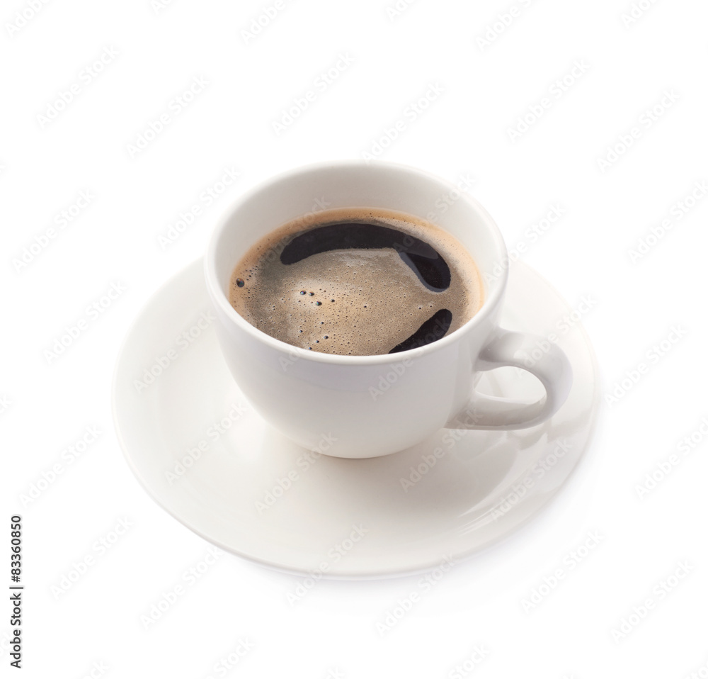 Fresh cup of coffee on a plate, isolated Fresh cup of coffee on a plate, isolated