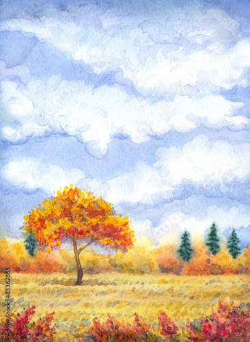 Watercolor landscape of series "Tree in different seasons"