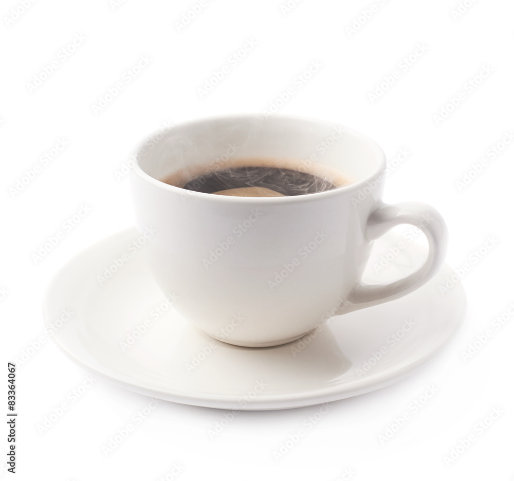 Fresh cup of coffee on a plate, isolated Fresh cup of coffee on a plate, isolated