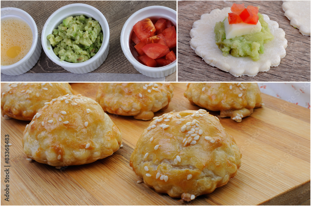 Bun sesame seeds stuffed avocado , cheese and tomato Bun sesame seeds stuffed avocado , cheese and tomato