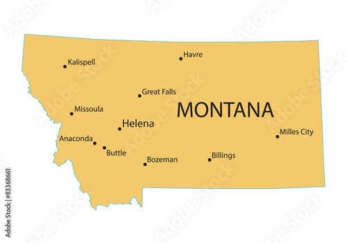 yellow map of Montana with indication of largest cities