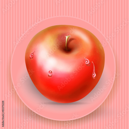 red apple with water drops, vector drawing with space for text