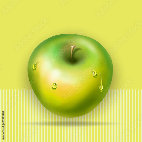 green apple with water drops, vector drawing with space for text