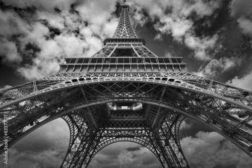 Eiffel tower black and white wide view