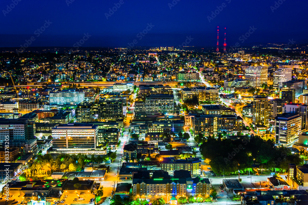 View of South Lake Union at night, in Seattle, Washington.