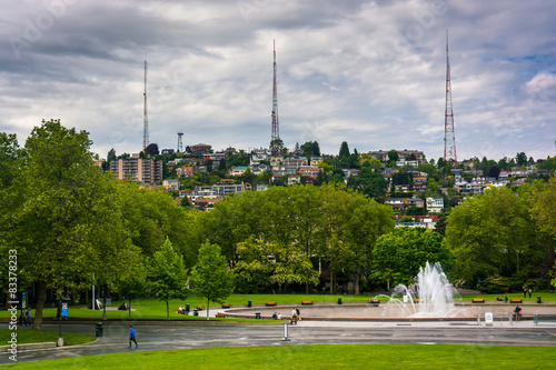 View of the International Fountain, at the Seattle Center, in Se photo