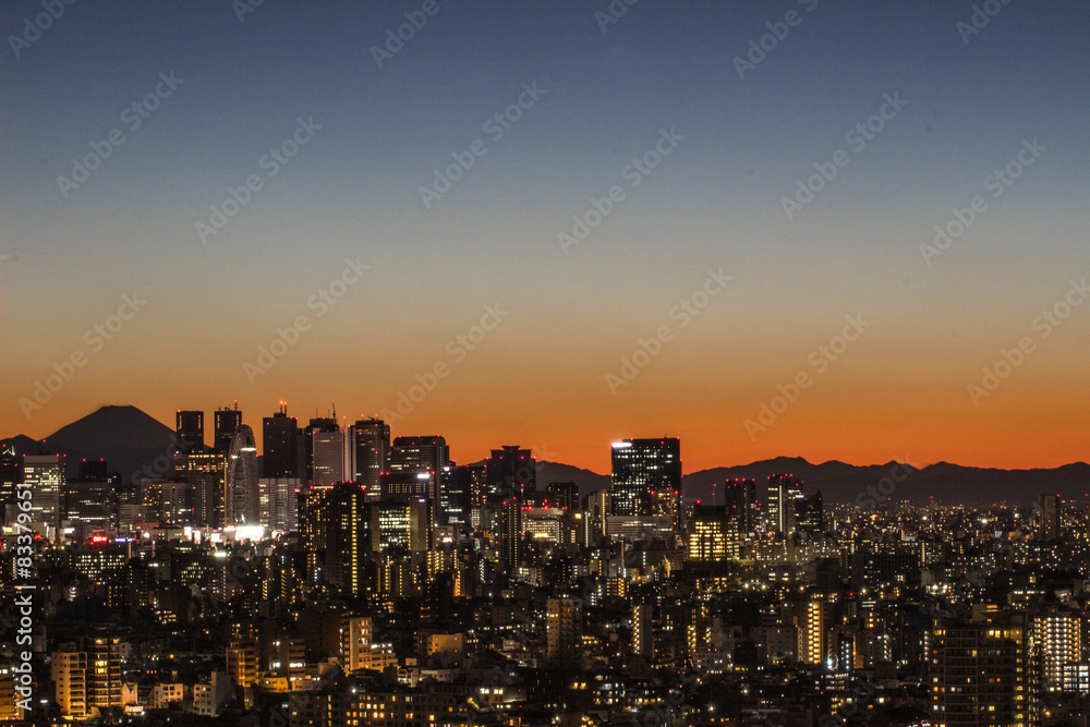 Skyline von Tokio und Mount Fuji beim Sonnenuntergang
