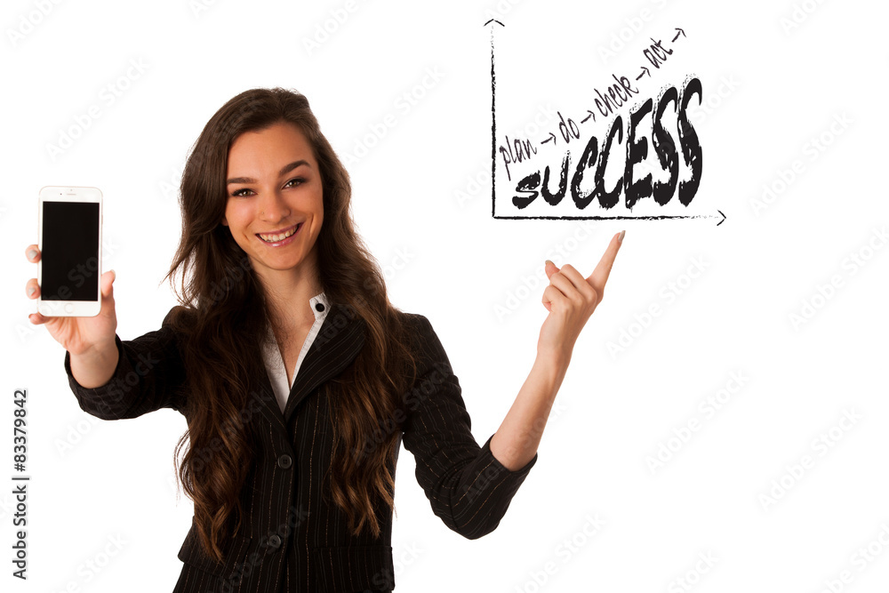 Beautiful young business woman showing a happy note on her smart Beautiful young business woman showing a happy note on her smart