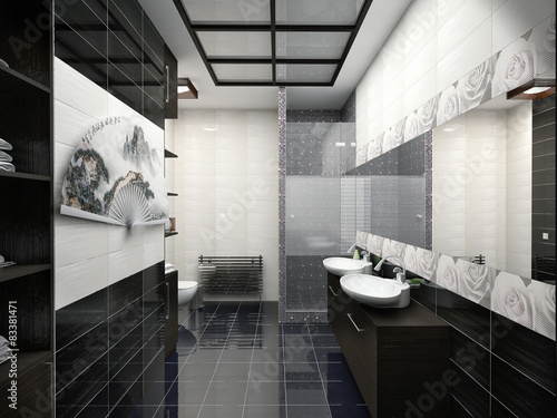 3D illustration of design of a bathroom in black-and-white color