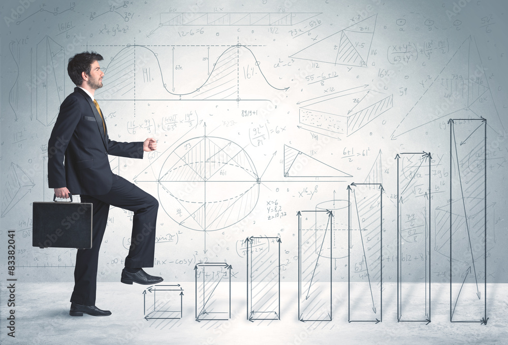 Business man climbing up on hand drawn graphs concept Business man climbing up on hand drawn graphs concept