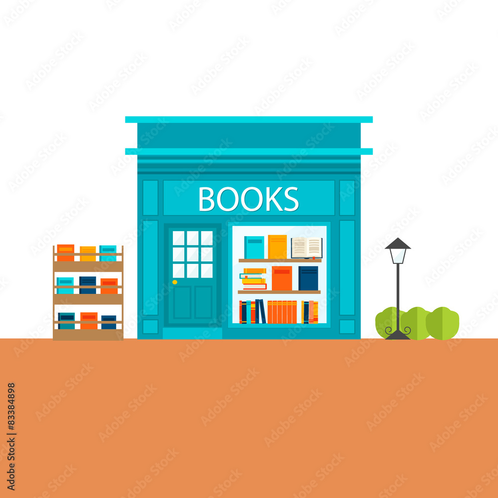 Books store building with books icons set Books store building with books icons set