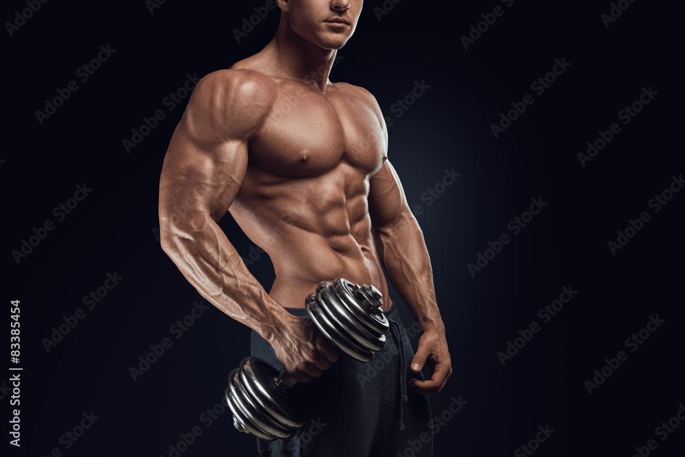 Fotografie, Obraz Strong and power bodybuilder doing exercises with  dumbbell | Posters.cz