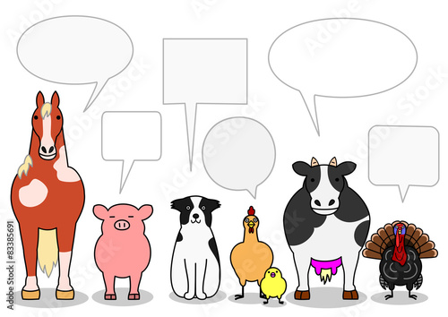 cattle animals in a row with speech bubbles