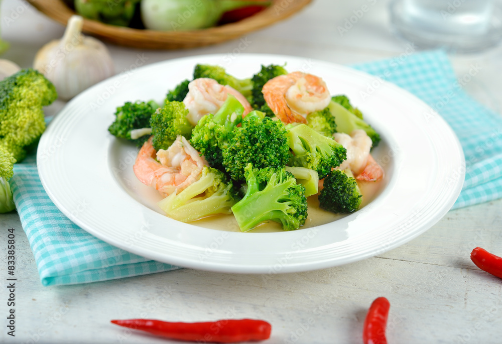 Thai healthy food stir-fried broccoli with shrimp Thai healthy food stir-fried broccoli with shrimp
