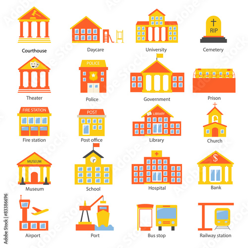 Government buildings icons set 