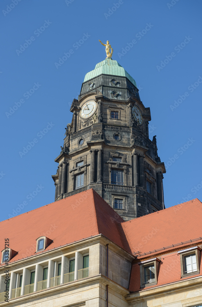 Old tower of New Town Hall in Dresden, Saxony, Germany.