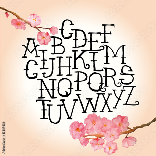 Vector handwritten alphabet. Watercolor flower.